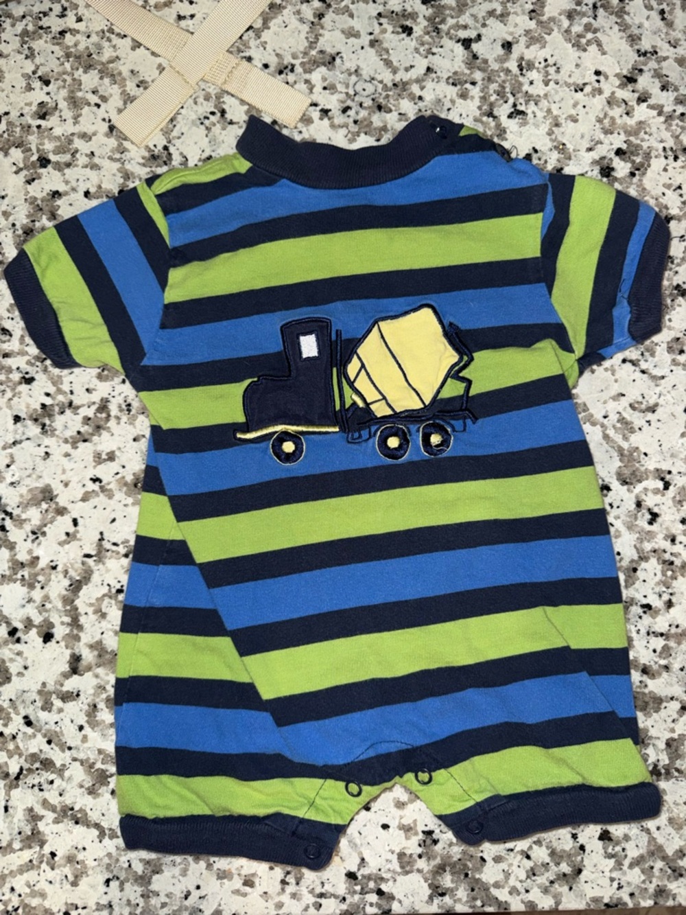 Vintage Miniwear Navy, Blue & Lime Striped Baby Romper with Truck